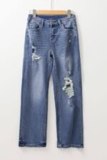 Ashleigh Blue Distressed Raw Hem Straight Leg High Waist Jeans - Image 7