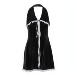 Flounce Trim Lace Up Backless Suede Slim-fit Halter Dress Women - Image 3