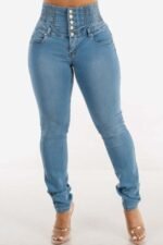 High Waist Buttoned Skinny Hip Lifting Jeans for Curves - Image 3