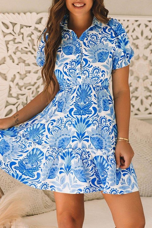 19aaeeca9e640c76.jpg Retro Floral Print Drawstring Waist Ruffled Mini Dress - Image 1