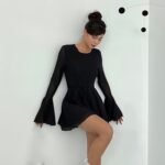 Temperament Crew Neck Horn Long Sleeve Mesh Dress