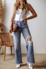 Ashleigh Blue Distressed Raw Hem Straight Leg High Waist Jeans - Image 3