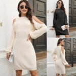 Lantern Sleeve Woolen Skirt Waist Trimming Loose Knitted Dress - Image 3