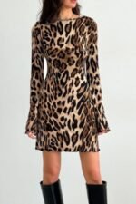 Backless Leopard Long Sleeve Mini Dress - Image 2