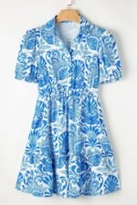 Retro Floral Print Drawstring Waist Ruffled Mini Dress - Image 5