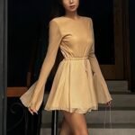 Temperament Crew Neck Horn Long Sleeve Mesh Dress - Image 3