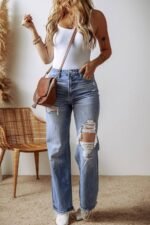 Ashleigh Blue Distressed Raw Hem Straight Leg High Waist Jeans - Image 6