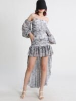Asymmetrical Mini Dress Slash Neck Puff Sleeve