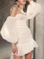 Asymmetrical Mini Dress Slash Neck Puff Sleeve - Image 2