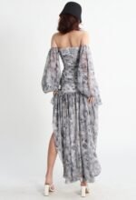 Asymmetrical Mini Dress Slash Neck Puff Sleeve - Image 4