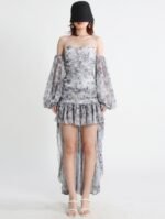Asymmetrical Mini Dress Slash Neck Puff Sleeve - Image 5