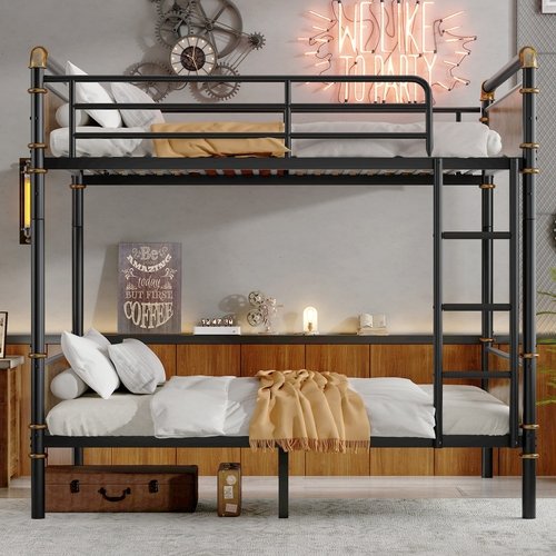 eec96a16-c535-4826-aa55-8364f49bc246.jpg IronLoft™ – Twin XL Metal Bunk Bed with Rustic Wood - Image 1