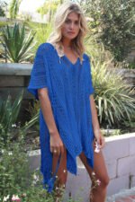 Cobalt Blue Crochet Knitted Tassel Tie Kimono Beachwear - Image 3